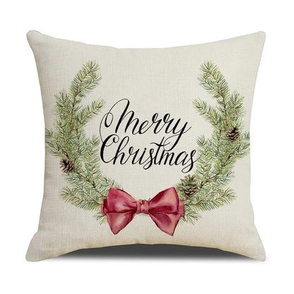 Christmas Cushion Cover Simple Painting Printed Pillow Covers 18x18 Inches Xmas Decorations Candle Bird Flower Linen Pillowcase