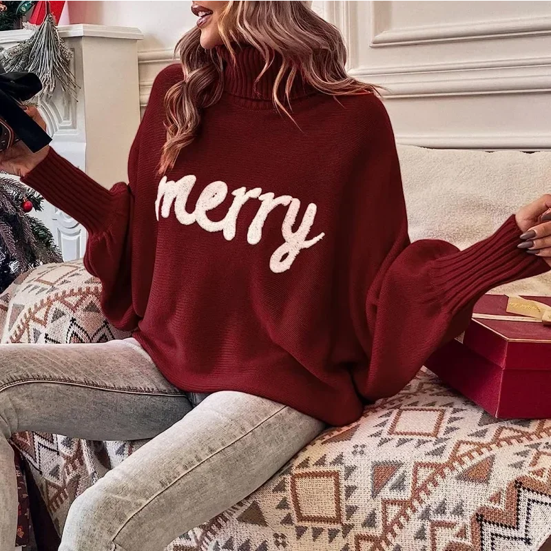2023 Christmas Knitted Sweater Women Turtleneck Bat Sleeve Merry Pullover Female Fashion New Year Letter Embroidery Red Sweaters